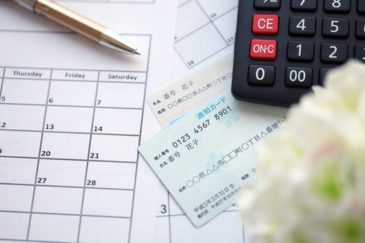 Japanese my number card specimen and notification card on calendar background with calculator photo