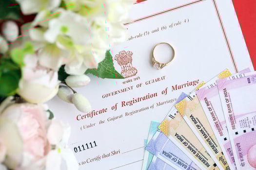 Indian Certificate of registration of marriage blank document and wedding ring with rupiah money photo