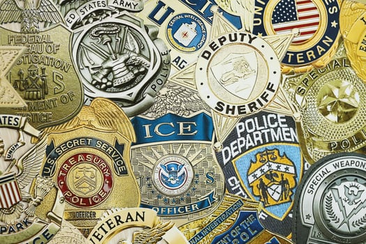 KYIV, UKRAINE - MARCH 9, 2024 Badges of different United States police departments printed on paper photo