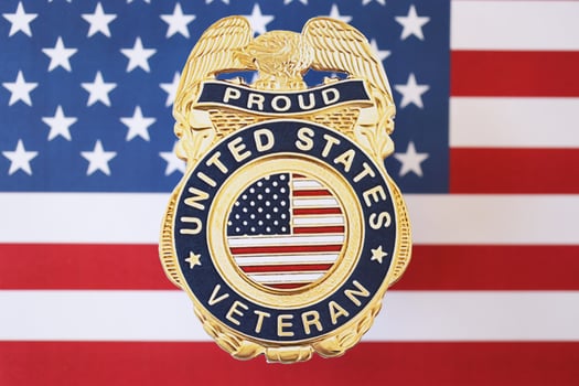 KYIV, UKRAINE - MARCH 9, 2024 US Proud Veteran badge on United States of America flag photo