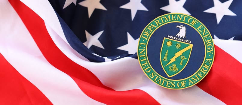 KYIV, UKRAINE - MARCH 9, 2024 US Department of Energy seal on United States of America flag photo