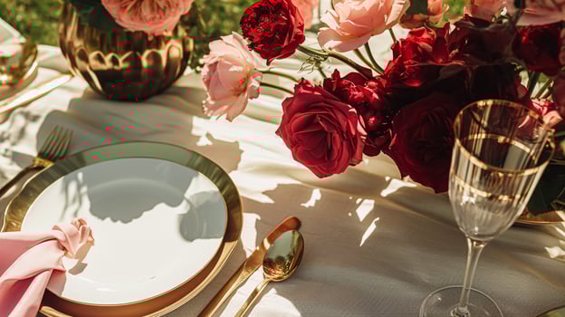 Wedding and event celebration tablescape with flowers, formal dinner table setting with roses and wine, elegant floral table decor for dinner party and holiday decoration, home styling photo
