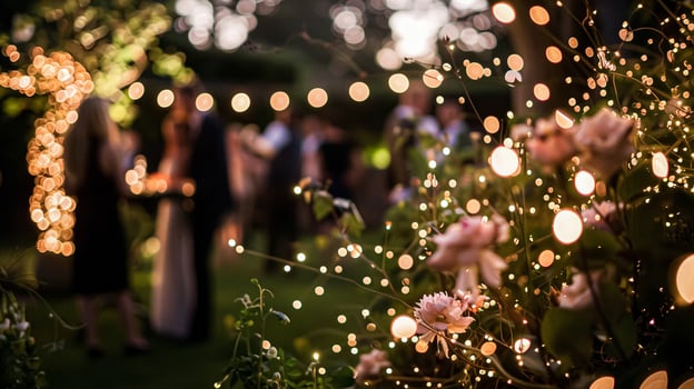 Outdoor wedding reception, warm glow of the lights creates a magical atmosphere as guests gather, the background is blurred, joyful ambiance of the celebration, romantic and festive photo