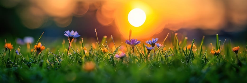 A close-up shot of blue flowers in a field with a blurred sunset in the background photo