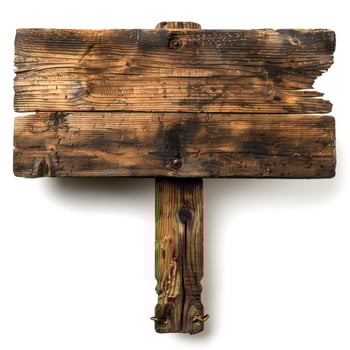 Old rustic wooden signboard isolated on white background, ideal for summer camp and adventure trail concepts photo