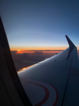 Airplane wing view from the window photo