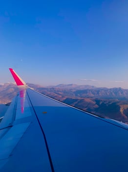 Airplane wing view from the window photo