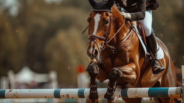 Equestrian on a horse jumping over obstacle at outdoor sport competition. Powerful leap of the horse photo