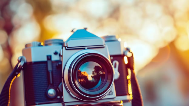 Closeup shot of vintage dslr camera, retro technology background, travel gear, copy space area photo