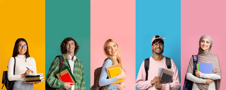 International group of happy students stylish young men and women posing on colorful studio backgrounds, set of photos, web-banner, collage for student life, education concept photo