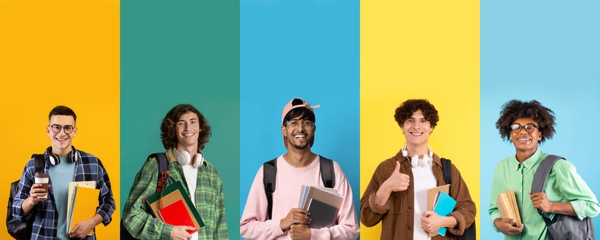 International group of happy students stylish young guys carrying backpacks, notepads posing on colorful studio backgrounds, set of photos, web-banner, collage for student life, education concept photo