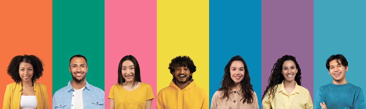 Colorful mosaic of happy faces and portraits of young millennial people smiling posing on different colored backgrounds. Millennials generation, cheerful multicutural people group portrait. Collage photo