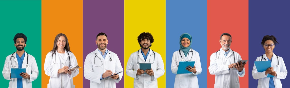 Positive confident multiethnic hospital doctors isolated portrait set. Young men and women of different ages in medical white coats shot collage. Medicine and healthcare concept, banner photo