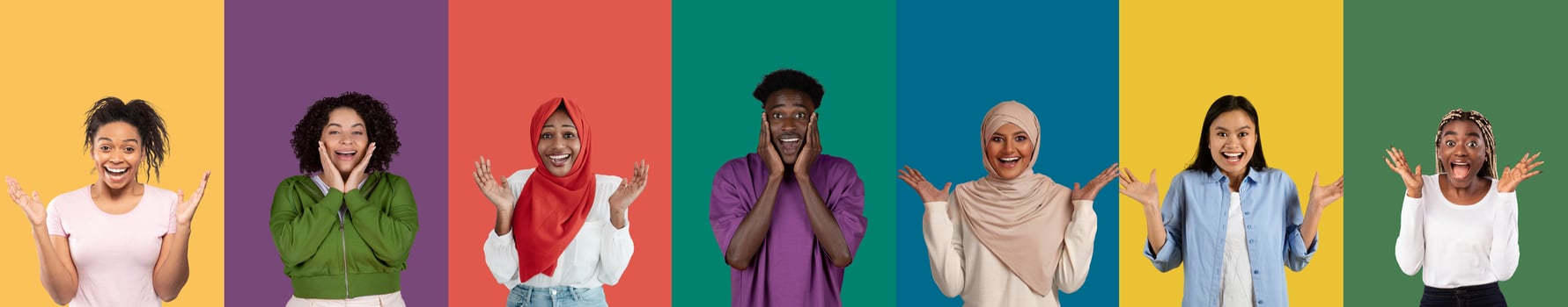 Colorful mosaic of happy faces and portraits of diverse emotional people smiling posing on different colored backgrounds. Cheerful look. surprise, multicutural people group portrait. Collage photo