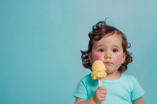 Cute baby girl with curly hair eating yellow ice cream cone. Child 1-2 years old, wearing blue shirt and looking away from the camera with a pout photo