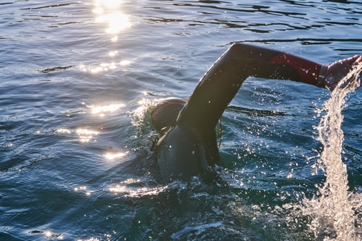 Triathlon athlete swimming on lake in sunrise wearing wetsuit photo