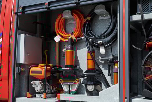 Close-up of essential firefighting equipment on a modern firetruck, showcasing tools and gear ready for emergency response to hazardous fire situations photo