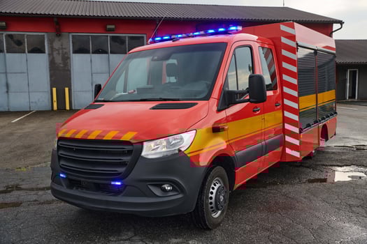 A state-of-the-art firetruck, equipped with advanced rescue technology, stands ready with its skilled firefighting team, prepared to intervene and respond rapidly to emergencies, ensuring the safety photo