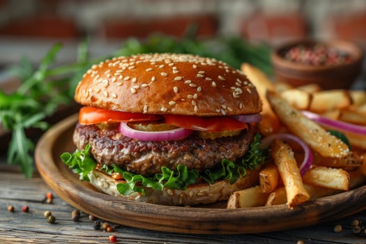 A Juicy Cheeseburger With French Fries on a Wooden Table photo