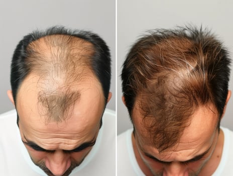 Before and after shots of hair growth treatment showing significant improvement in hair density on a man's scalp. photo