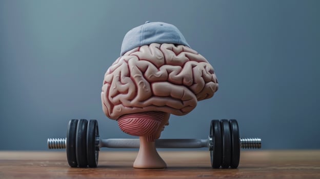 A brain wearing a personalized workout plan as a hat symbolizing the importance of physical activity for overall brain health photo