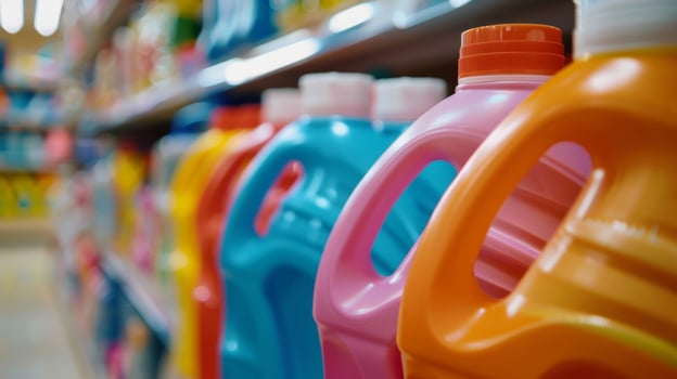 A label on the laundry detergent bottle with the recommended usage instructions for better laundry organization photo