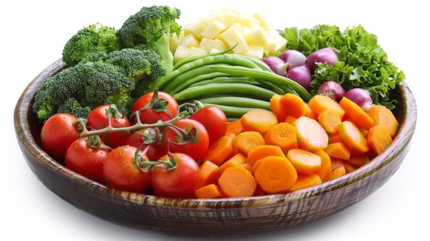 Freshly Cut Vegetables in a Wooden Bowl photo
