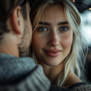 Close Up Portrait of a Woman With Blonde Hair Smiling at the Camera With a Mans Arm Around Her photo