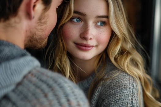 Woman With Blonde Hair Smiles at Man Indoors During Daytime photo