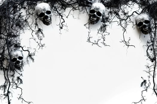 Haunting Halloween header featuring grimacing skulls amidst tangled, dark branches on a stark white background, perfectly framing ample copy space for themed content. photo
