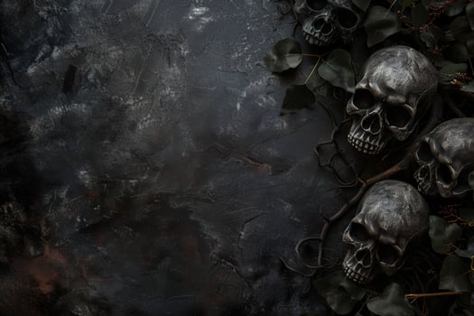 Dark and moody Halloween themed backdrop featuring skulls and dark foliage on a textured black surface, creating a spooky and atmospheric setting. Empty, copy space for text. photo