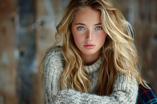 Stylish Woman With Long Blonde Hair Wearing a Sweater photo