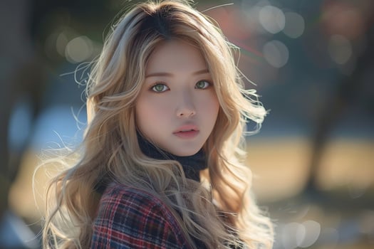 Japanese Woman With Blonde Hair and Green Eyes Wearing a Sweater photo