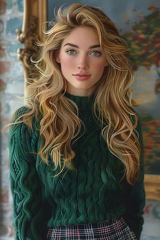 Japanese Girl With Blonde Hair In Green Sweater photo