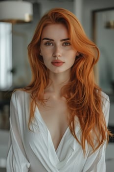 Portrait of a Woman With Long Red Hair in a White Blouse photo