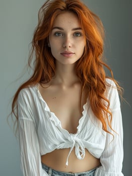 Portrait of Woman With Long Red Hair Wearing a White Blouse photo