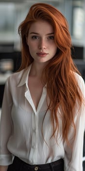 Portrait of a Young Woman With Long Red Hair Wearing a White Button-Down Shirt photo
