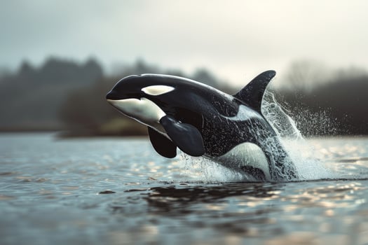 Jumping orca whale over water, Pacific ocean. photo
