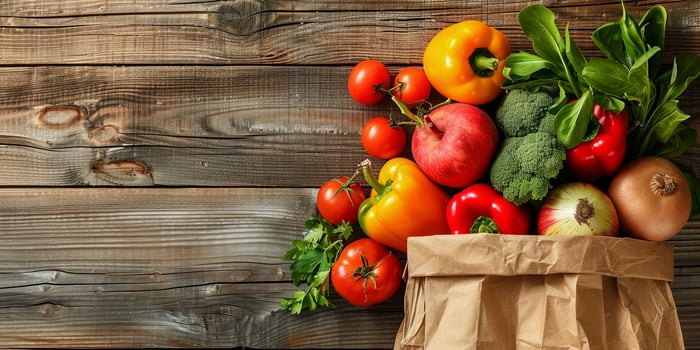 Shopping bag with fresh vegetables and fruits on wooden background. Embracing an organic lifestyle concept photo