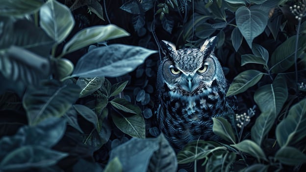 An owl camouflaged among lush green leaves, capturing the essence of nocturnal wildlife in its natural habitat. photo