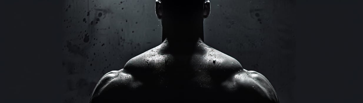 A powerful silhouette of a muscular man showcasing back muscles in low light, emphasizing strength and fitness in a dramatic and dark setting. photo
