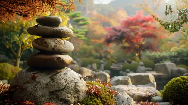 Zen meditation landscape. Calm and spiritual nature environment. Stone balance photo