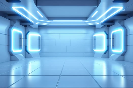 Blue and white digital scene or room. White lights. Futuristic background. photo