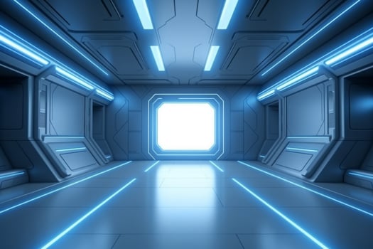 Blue and white digital scene or room. White lights. Futuristic background. photo