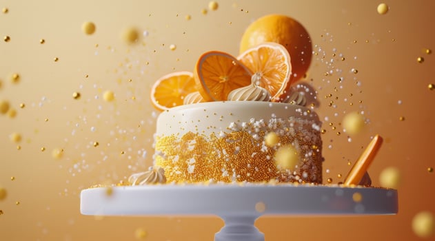 White Cake With Orange Slices and Gold Sprinkles Falling photo