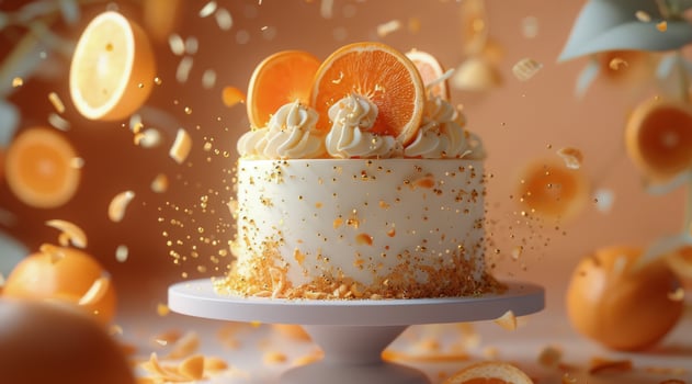 White Cake With Orange Slices and Gold Sprinkles Falling photo