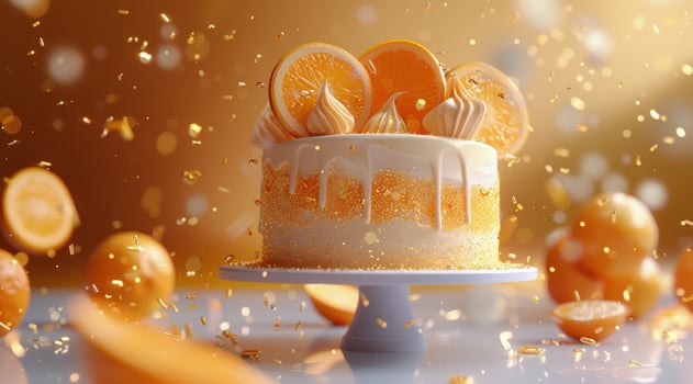 White Cake With Orange Slices and Gold Sprinkles Falling photo