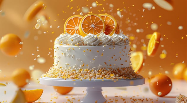 White Cake With Orange Slices and Gold Sprinkles Falling photo