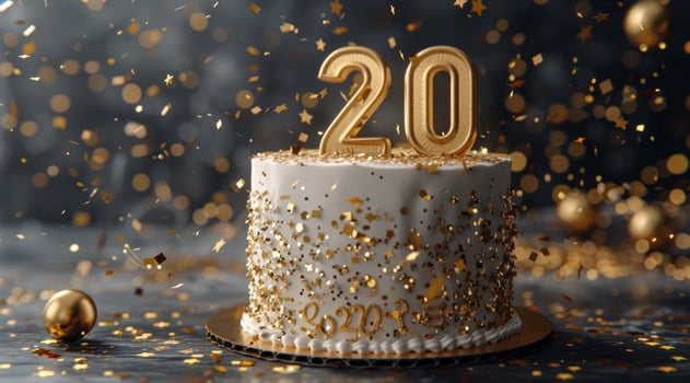 Golden 20th Anniversary Cake With Confetti photo