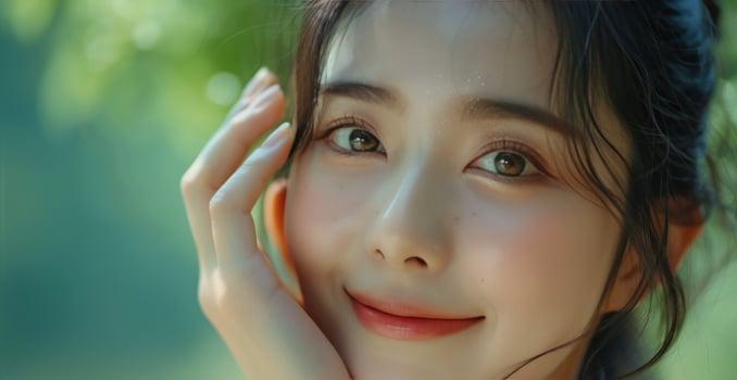 Young Woman Smiling in Lush Greenery on a Sunny Day photo